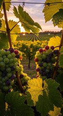 Sunlight bathes lush vineyard grapes and leaves with morning dew, showcasing rows of ripe fruit under a golden sky.