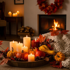 Cozy autumn evening scene with glowing candles, pumpkins, and a warm fireplace creating a perfect ambiance for fall celebrations and home decor inspiration.