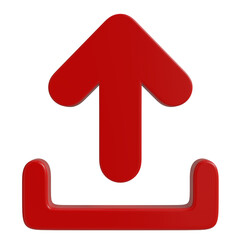 Red upload arrow icon on a transparent background representing data transfer and sharing