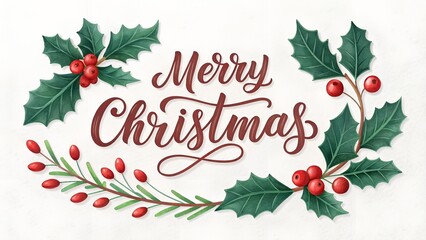 Merry christmas text with holly leaves and berries on a white background