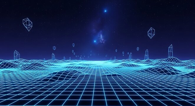Vibrant wireframe landscape evokes a futuristic, digital world. Ideal for metaverse projects, tech visualizations, and modern design. Explore the cosmos virtually.