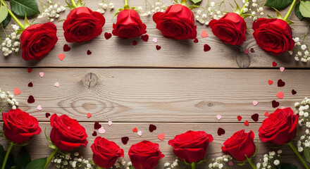 Stunning arrangement of vibrant red roses and delicate baby's breath with scattered heart confetti on rustic wood, perfect for romantic occasions and celebrations.