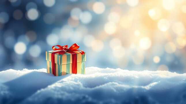 A festive gift box in sparkling winter snow