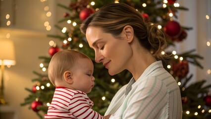 Mother holding her baby in front of a christmas tree with lights and ornaments