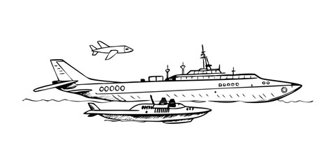 Aircraft carrier typical with Military airplane Raptor on board and submarine under, hand drawn doodle sketch, isolated vector outline army collection.