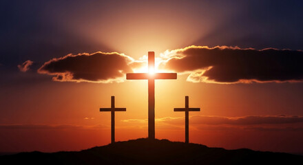 Three crosses silhouetted against a vibrant sunset, symbolizing faith and hope during a breathtaking twilight