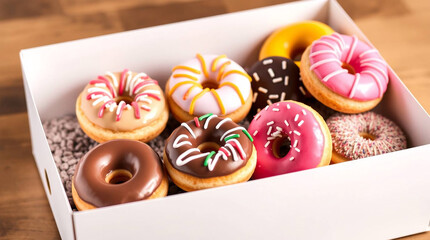 Donuts in a box on a wooden background, close-up