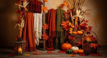Cozy autumn harvest display with warm knitted scarves, pumpkins, corn stalks, and glowing lantern evokes seasonal comfort and festive spirit
