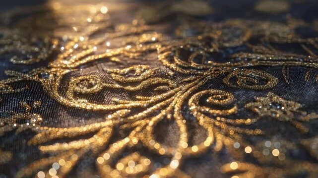 Close-up of gold embroidered floral scrollwork on dark blue fabric.