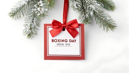 Boxing day special offer tag hanging from a snowy pine branch
