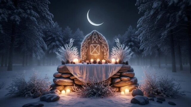 Winter pagan altar with candles in snowy forest at night under crescent moon for Yule celebration and ritual.