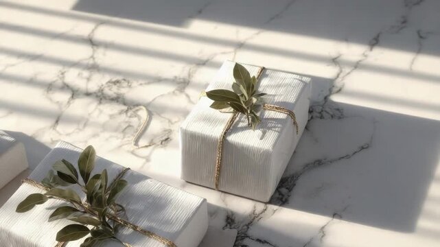 White wrapped gift boxes tied with twine and sprigs of green foliage on a marble surface, with a spool of twine nearby.