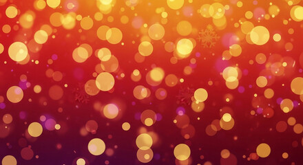 Sparkling golden and pink bokeh lights shimmer on a warm red and purple gradient background creating a magical festive atmosphere perfect for celebrations or events