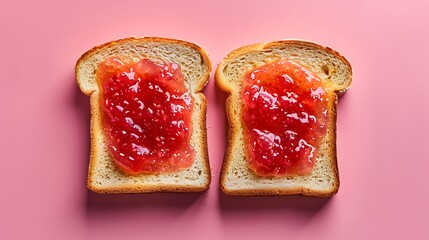 A delicious breakfast snack featuring sweet toast with red strawberry jam, a heart-shaped baked cake, and isolated slices of bread