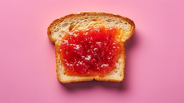 A slice of toast with red jam on a pink background viewed from directly above in a close up shot