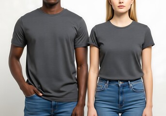 Diverse man and woman wearing blank dark grey t-shirts for mockup