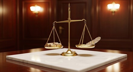 Golden scales of justice with feather and scrolls on marble table, symbolizing balance in legal matters and historical documents in a sophisticated setting