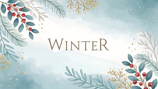 Winter themed background with watercolor texture and botanical elements