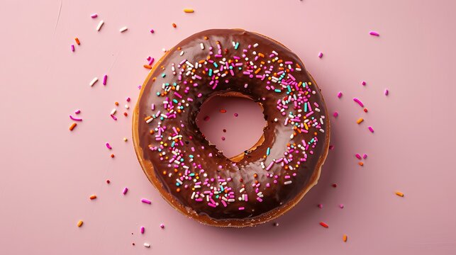 Chocolate frosted donut with colorful sprinkles on a pink background top down view close up shot