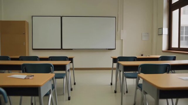 An empty classroom with desks and chairs neatly arranged, a whiteboard, and a window letting in natural light
