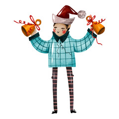 Ukrainian boy in elf costume celebrate christmas winter holidays. Children vertep sing carols. Merry christmas holidays hand drawn illustration. Kolyadka and Malanka