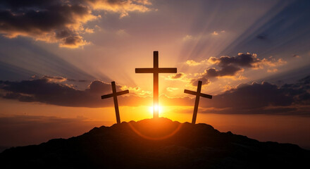 Three crosses silhouetted against a vibrant sunset, symbolizing hope, faith, and redemption with dramatic sunbeams piercing the clouds.
