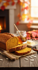 Warm, inviting pumpkin bread with honey and butter on a rustic wooden table, perfect for cozy autumn moments and holiday baking.