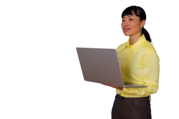 Asian businesswoman standing and working on laptop, presenting online information with confidence and a transparent background