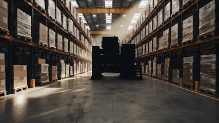 Industrial Warehouse Interior with Dramatic Lighting and Silhouette of Machinery