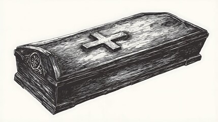 Antique wooden coffin with cross illustration in vintage style