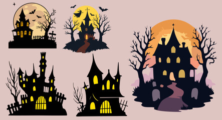Spooky haunted house silhouettes with full moon, bats, and dead trees. Perfect Halloween vector art for posters, invitations, backgrounds, and seasonal design projects