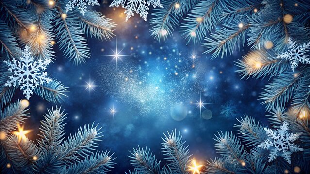 Magical winter night scene with frosted pine branches and sparkling snowflakes