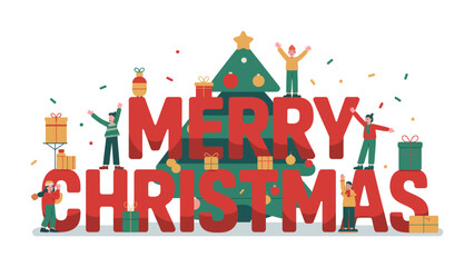 Festive Cheer: A vibrant and colorful holiday illustration showcasing the season's joy, with a playful scene of people decorating around the MERRY CHRISTMAS letters and a decorated Christmas tree.