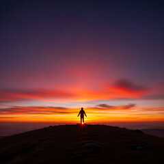 Obraz premium Silhouette of a person standing on a hill during a vibrant and colorful sunset or sunrise scene