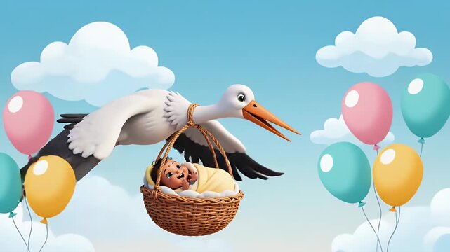 Animated Stork Carrying Newborn Baby in Wicker Basket Against Blue Sky with Clouds and Balloons