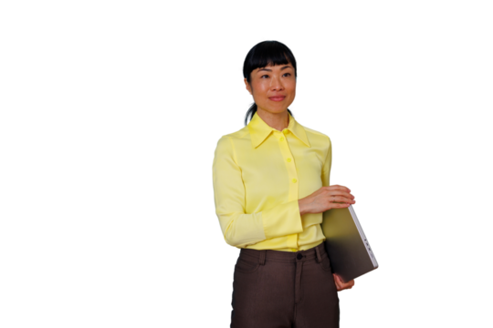 Asian businesswoman holding a laptop, standing confidently with transparent background, representing professionalism and productivity - Powered by Adobe