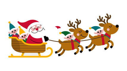 Naklejka premium Santa's Christmas Journey: Santa Claus, joyfully leads his reindeer-drawn sleigh, accompanied by cheerful elves, on a magical Christmas Eve adventure.