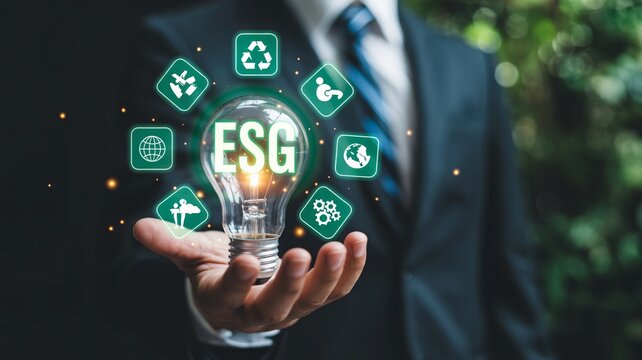 Modern businessman showcasing ESG environmental social governance concept with lightbulb and green icons, promoting sustainability and responsible investment strategies