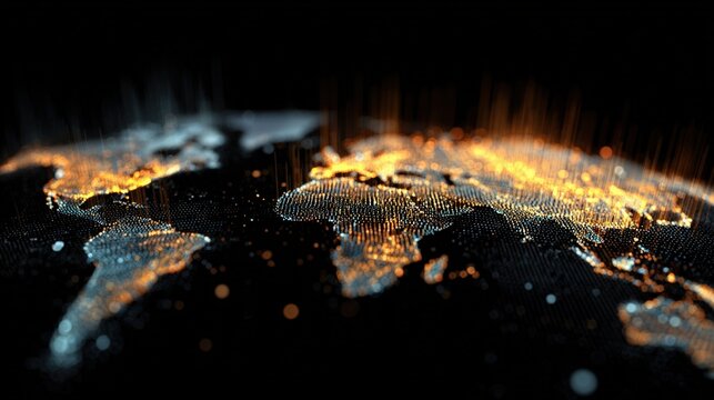 Digital glowing world map with interconnected data points and light streams - Powered by Adobe