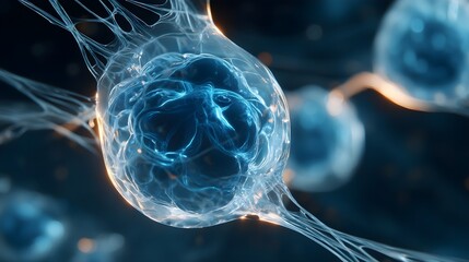 Futuristic neuron cell network with glowing blue connections, high-tech biomedical illustration