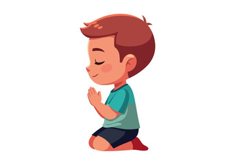 A young boy kneels with a serene smile and closed eyes, his hands clasped together in prayer, depicted in a clean and simple vector art style