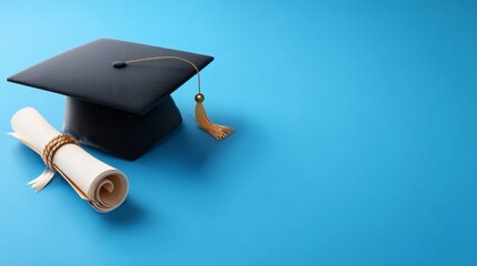 3D illustration of a graduation cap and diploma, blue gradient background