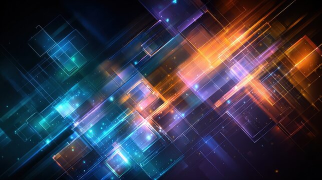 Abstract geometric grid with glowing light particles and translucent squares