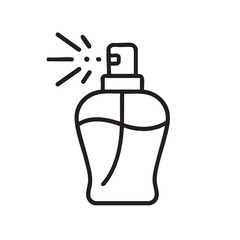 A simple black and white line drawing depicts a perfume bottle with a spray nozzle emitting mist