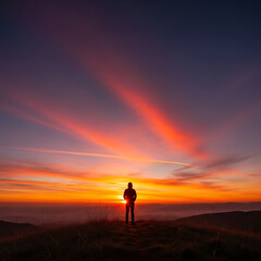 Fototapeta premium Silhouette of a person standing on a hill against a vibrant and colorful sunset backdrop landscape view