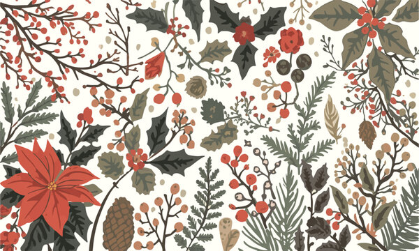 Vector template of a set of winter botanical silhouettes featuring delicate twigs with tiny buds, clusters of juicy red berries, intricately detailed leaves