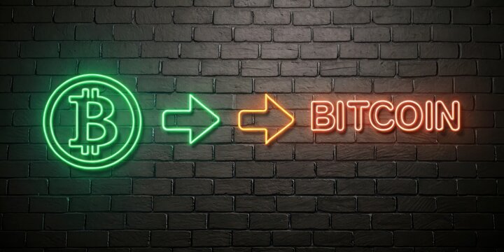 Bitcoin Exchange Neon Sign Concept on Brick Wall Background