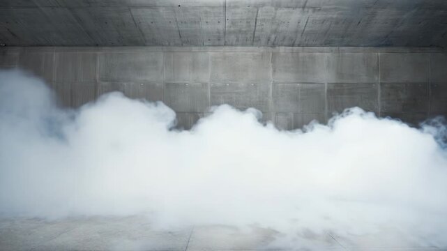 White fog spills into empty concrete room

