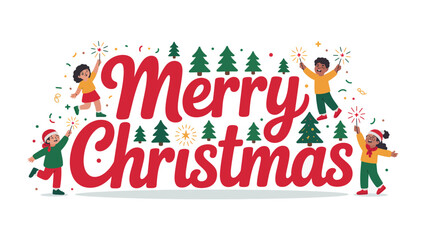 Merry Christmas Delight: Festive illustration of Merry Christmas typography adorned with joyful children and holiday elements, capturing the season's cheer.
