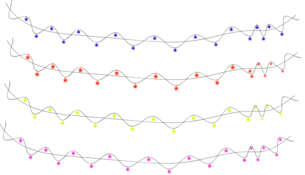 Abstract colorful glowing dots and stars on wavy lines pattern isolated on transparent background